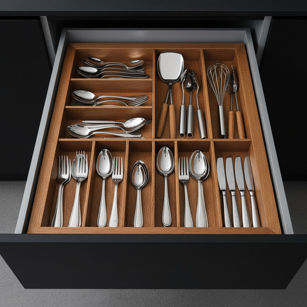 Zbliżenie na otwartą, szeroką szufladę kuchenną w nowoczesnej, czarnej zabudowie. Wewnątrz znajduje się elegancki, drewniany organizer z idealnie poukładanymi sztućcami, nożami i innymi akcesoriami kuchennymi. Porządek i estetyka podkreślają funkcjonalność nowoczesnego designu.