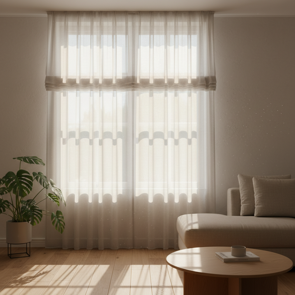 Szerokie okno w salonie, przez które wpada jasne, poranne słońce. W oknie wisi delikatna, półprzezroczysta roleta rzymska lub firanka wykonana z organzy z subtelnym, perłowym połyskiem. Promienie słońca przenikają przez tkaninę, tworząc na podłodze i ścianach magiczne, mieniące się refleksy świetlne.