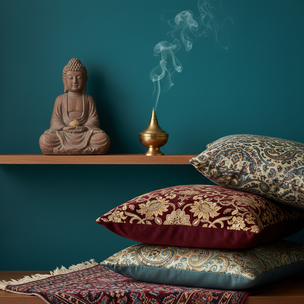 Kompozycja detali na tle ściany w kolorze głębokiego turkusu. Na pierwszym planie widać stos kilku bogato zdobionych poduszek – jedna z aksamitu w kolorze burgunda z złotym haftem, druga jedwabna z wzorem paisley. Obok poduszek leży fragment wzorzystego, perskiego dywanu. W tle, na drewnianej półce, stoi mała, brązowa figurka medytującego Buddy oraz mosiężna kadzielnica, z której unosi się delikatna smużka dymu. Światło jest miękkie i naturalne.