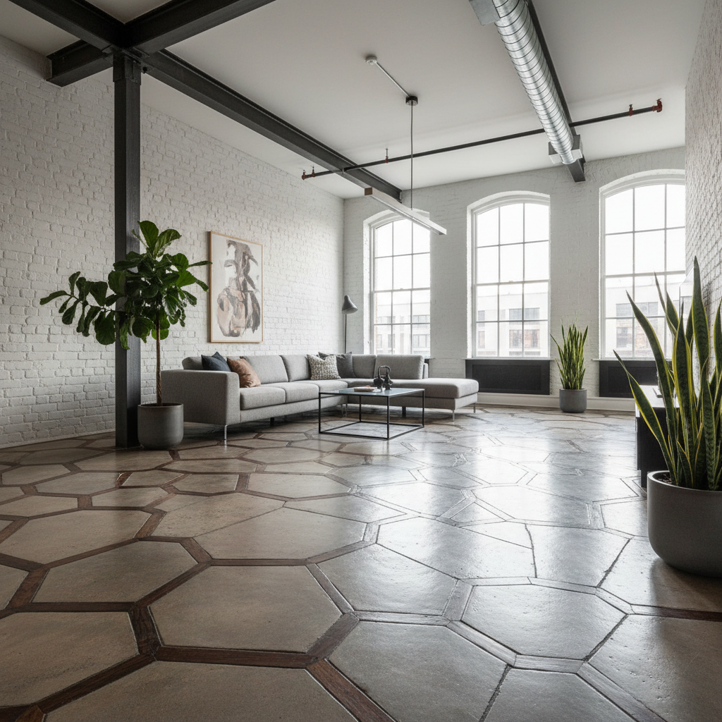 Szerokie ujęcie przestronnego, jasnego loftu w stylu industrialnym. Na pierwszym planie widoczna jest nietypowa podłoga wykonana z dużych, nieregularnych płyt z polerowanego betonu architektonicznego z wstawkami z egzotycznego, ciemnego drewna. Wnętrze jest minimalistycznie urządzone, z dużą szarą sofą, metalowym stolikiem kawowym i kilkoma dużymi roślinami doniczkowymi. Przez ogromne okna wpada miękkie, poranne światło, które podkreśla unikalną fakturę i wzór posadzki.
