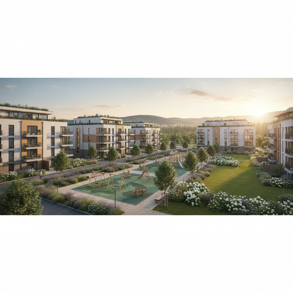 Eleganckie, nowoczesne osiedle mieszkaniowe z zadbanymi terenami zielonymi, placem zabaw dla dzieci i alejkami spacerowymi. Budynki mają spójną, estetyczną architekturę. Scena emanuje spokojem, bezpieczeństwem i wysoką jakością życia.