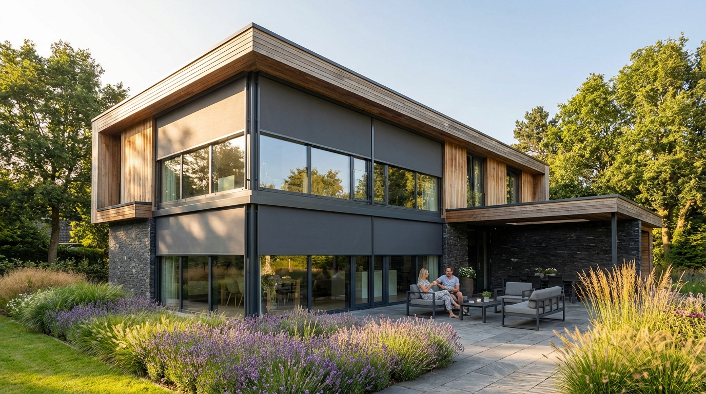 Elegancki, nowoczesny dom z dużymi przeszkleniami, otoczony zadbanym ogrodem w letni, słoneczny dzień. Na oknach widoczne są dyskretnie zintegrowane, częściowo opuszczone rolety zewnętrzne w kolorze antracytowym, co sugeruje dbałość o komfort termiczny i estetykę.