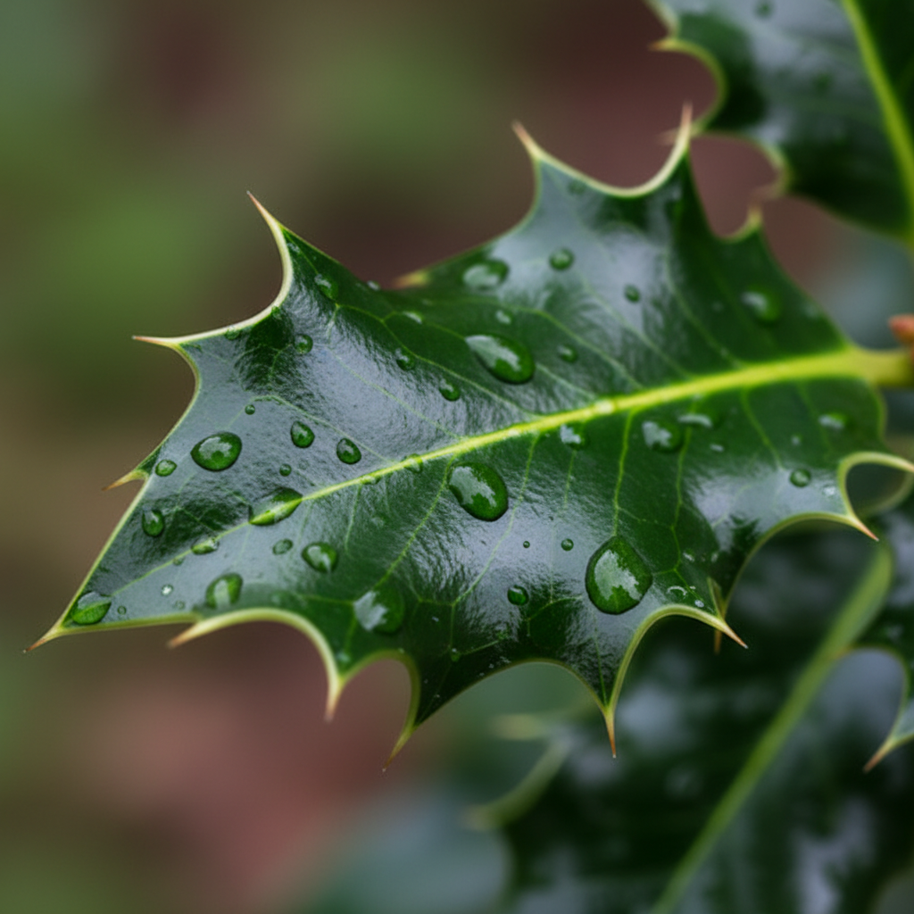 Makro ujęcie błyszczącego, ciemnozielonego liścia ostrokrzewu kolczastego, z wyraźnie widocznymi ostrymi kolcami na brzegach. Kilka kropli porannej rosy na powierzchni liścia dodaje mu świeżości.
