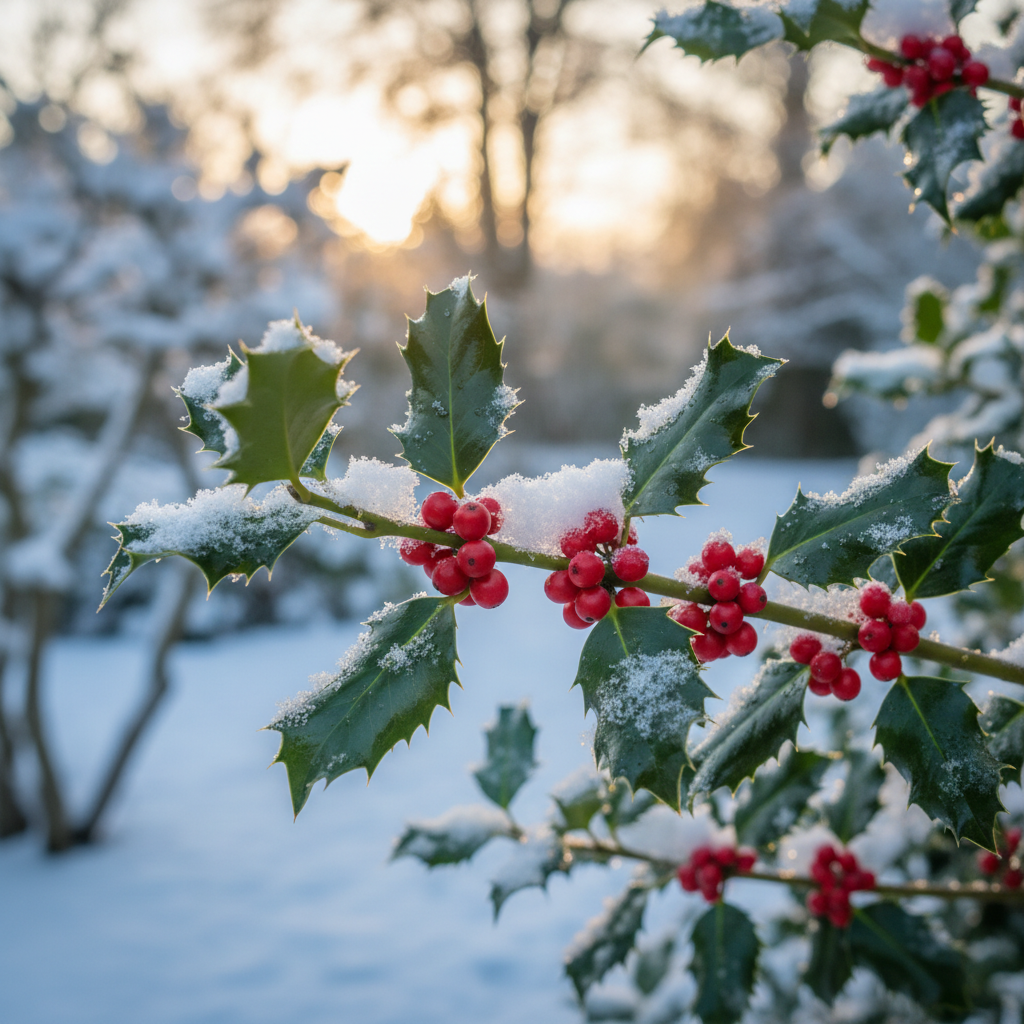 Zbliżenie na gałązkę ostrokrzewu kolczastego obsypaną dojrzałymi, czerwonymi owocami, z liśćmi delikatnie oprószonymi świeżym śniegiem. Tło jest lekko rozmyte, ukazujące zimowy ogród w porannym świetle.