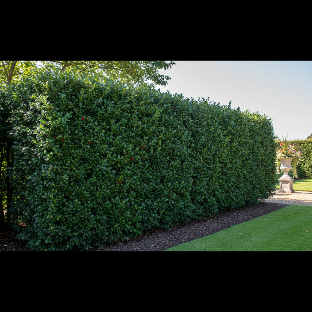 Gęsty, idealnie przycięty żywopłot z ostrokrzewu kolczastego, tworzący ciemnozieloną, lśniącą ścianę w zadbanym ogrodzie. Słońce delikatnie oświetla niektóre liście, podkreślając ich połysk.