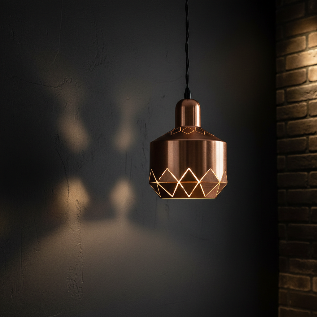 Zbliżenie na designerską, autorską lampę wiszącą o miedzianym wykończeniu, zawieszoną na tle matowej, czarnej ściany o ciekawej fakturze. Lampa emituje ciepłe, skupione światło, tworząc intymną i tajemniczą atmosferę. W tle widać fragment ściany z ciemnej cegły. Kadr jest artystyczny i skupiony na detalu.