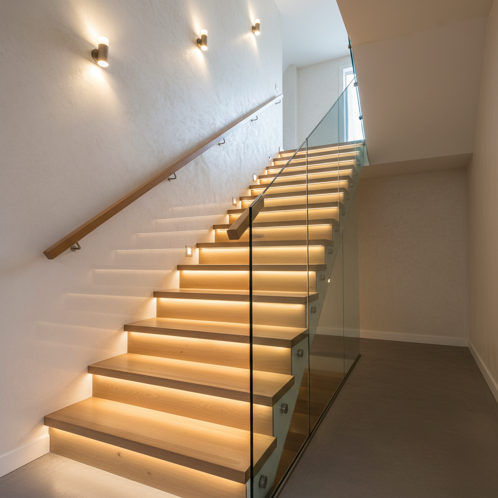 Eleganckie, nowoczesne schody wewnętrzne wykonane z jasnego drewna i szkła, oświetlone subtelnymi taśmami LED pod stopniami oraz stylowymi kinkietami na ścianie. Światło jest ciepłe i tworzy przytulną atmosferę. Widok z dołu, podkreślający perspektywę i design.