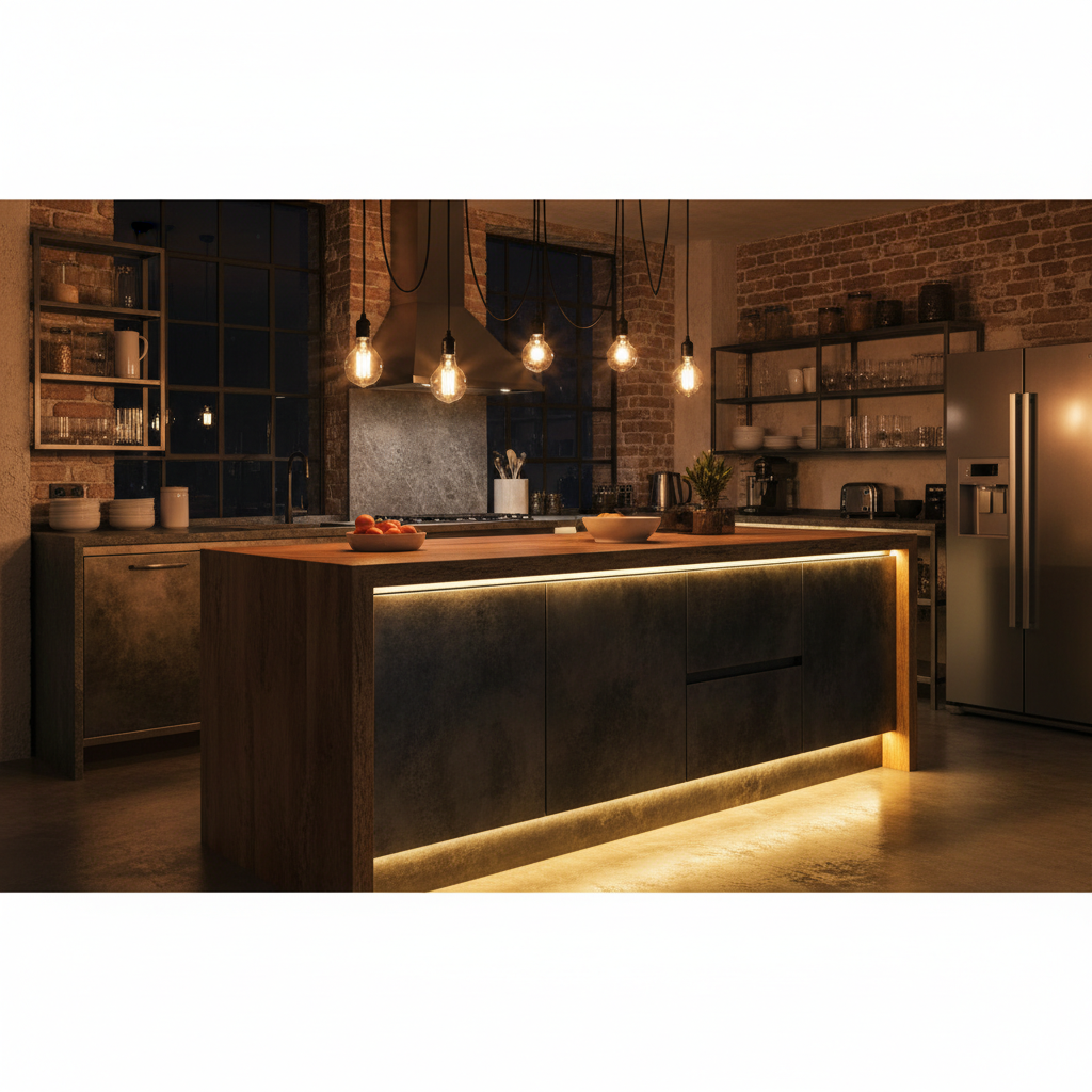 Ciepłe, nastrojowe oświetlenie w kuchni w stylu industrialnym, z widocznymi żarówkami Edisona wiszącymi nad drewnianą wyspą kuchenną i dyskretnymi listwami LED pod szafkami, oświetlającymi kamienny blat.
