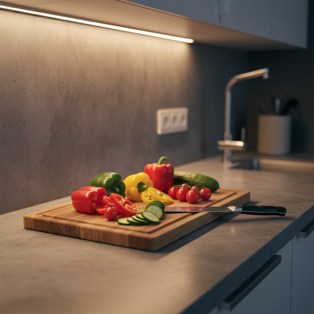 Zbliżenie na fragment nowoczesnego blatu kuchennego z szarego kamienia, oświetlonego ciepłym światłem z listwy LED ukrytej pod wiszącymi szafkami. Na blacie leży drewniana deska do krojenia ze świeżymi warzywami i lśniącym nożem szefa kuchni. Światło precyzyjnie podkreśla kolory i tekstury, tworząc atmosferę gotowości do gotowania.