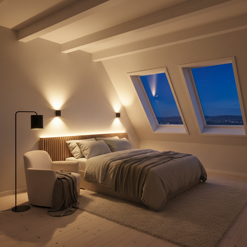 Przytulna sypialnia na poddaszu wieczorową porą. Główne światło jest zgaszone. Włączone są ciepłe, dyskretne źródła światła: dwa kinkiety o nowoczesnym designie po bokach łóżka, rzucające miękkie światło na ścianę, oraz ukryta taśma LED za drewnianym wezgłowiem, tworząca delikatną poświatę. Na podłodze stoi minimalistyczna lampa podłogowa obok wygodnego fotela.