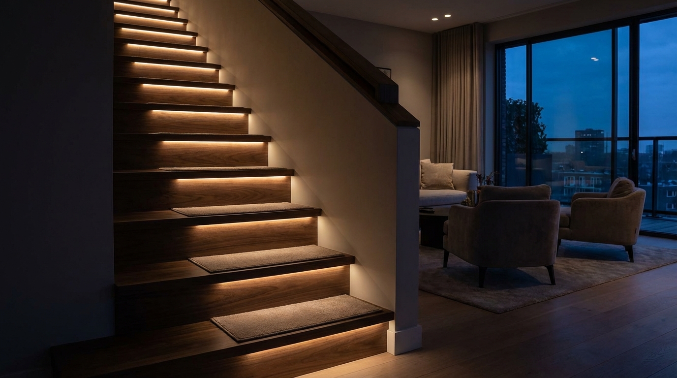 Nastrojowe ujęcie nowoczesnych schodów dywanowych z drewna, oświetlonych taśmami LED zamontowanymi pod każdym stopniem. Światło tworzy elegancki i bezpieczny szlak komunikacyjny w wieczornym półmroku salonu.