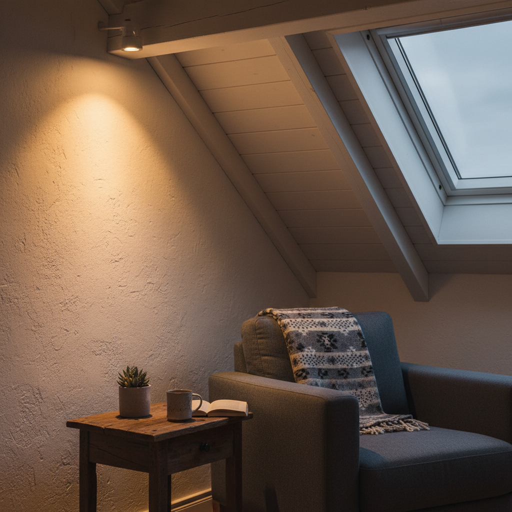 Nastrojowe ujęcie kącika pod skosem dachu w salonie na poddaszu. Ściana jest oświetlona ciepłym światłem z ukrytych reflektorów punktowych, co podkreśla fakturę tynku i tworzy intymną atmosferę. Widać fragment wygodnego fotela i mały, drewniany stoliczek.