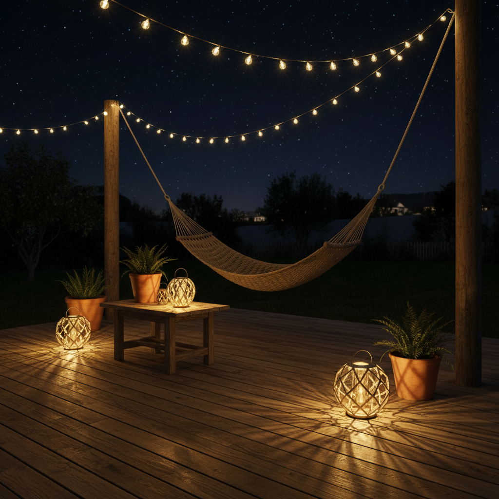 Nocna scena przedstawiająca drewniany taras oświetlony wyłącznie ciepłym, subtelnym światłem. Girlandy małych żarówek solarnych wiszą nad głowami, a kilka większych lampionów solarnych o różnych kształtach stoi na podłodze i na stoliku, rzucając delikatne, wzorzyste cienie.