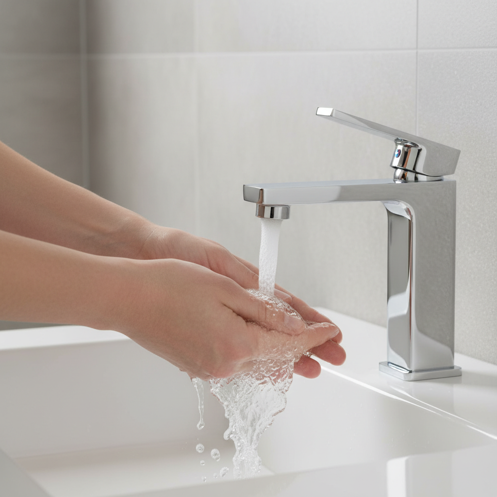 Zbliżenie na dłonie myte pod delikatnym, napowietrzonym strumieniem wody z nowoczesnej baterii umywalkowej. Tło stanowi jasna, minimalistyczna łazienka z kafelkami w odcieniach szarości. Scena jest spokojna i czysta, oddaje poczucie komfortu i higieny.