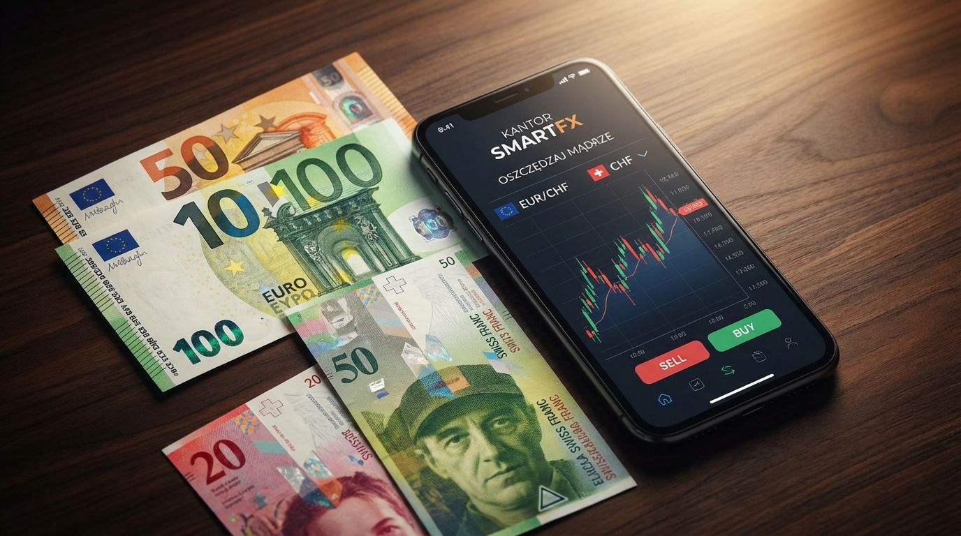 Elegancka kompozycja przedstawiająca kilka banknotów euro i franków szwajcarskich leżących obok smartfona. Na ekranie smartfona widać interfejs nowoczesnego kantoru internetowego z wykresami kursów walut. Całość na tle stylowego, ciemnego drewna, oświetlona miękkim światłem. Zdjęcie symbolizuje nowoczesne i inteligentne oszczędzanie na przewalutowaniu.