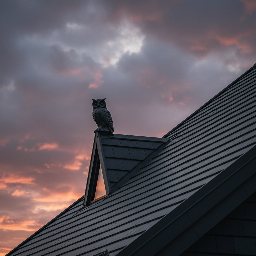 Ceramiczna figurka sowy w kolorze antracytowym, zamontowana na szczycie dachu z płaskiej dachówki ceramicznej w tym samym kolorze. Tłem jest dramatyczne, zachmurzone niebo tuż przed zmierzchem. Kadr jest artystyczny, podkreślający nowoczesny i unikalny charakter wykończenia dachu.