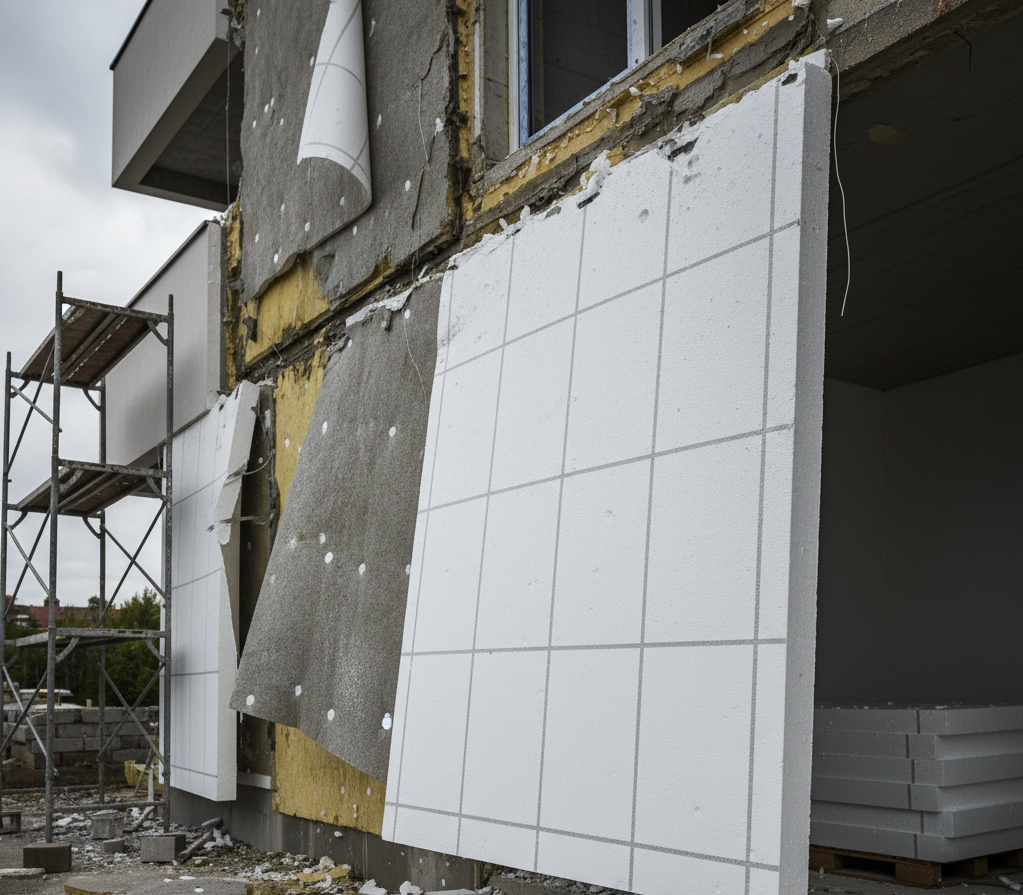 Zbliżenie na płytę styropianu Swisspor LAMBDA WHITE®. Ujęcie pod kątem, które idealnie pokazuje charakterystyczną siatkę nacięć przeciwprężnych na białej, ochronnej powierzchni. Światło modeluje fakturę płyty, podkreślając technologiczną precyzję wykonania nacięć.