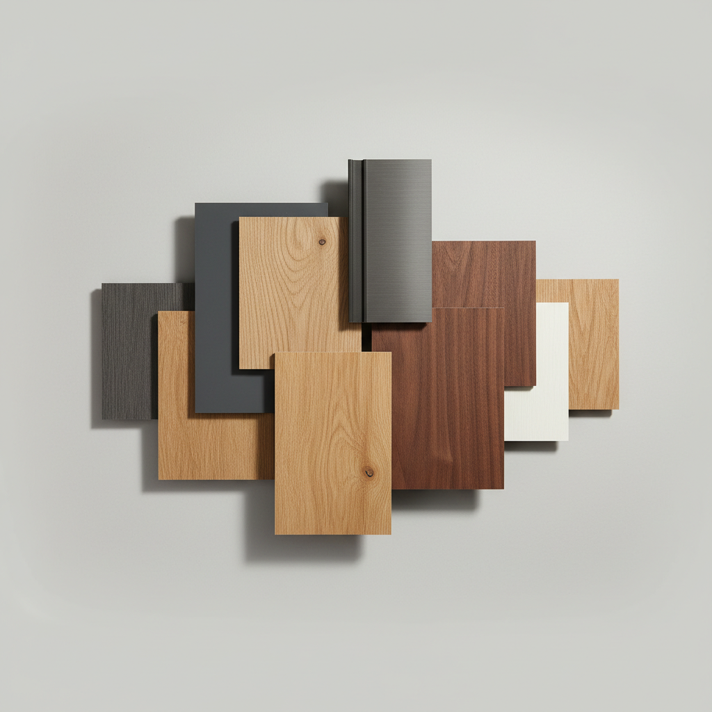 Artystyczna kompozycja próbek oklein okiennych ułożonych na neutralnym, jasnoszarym tle. Próbki prezentują różnorodność kolorów i faktur: od matowego antracytu, przez metaliczny grafit, aż po realistyczne okleiny drewnopodobne jak dąb i orzech. Całość jest estetyczna i dobrze oświetlona.