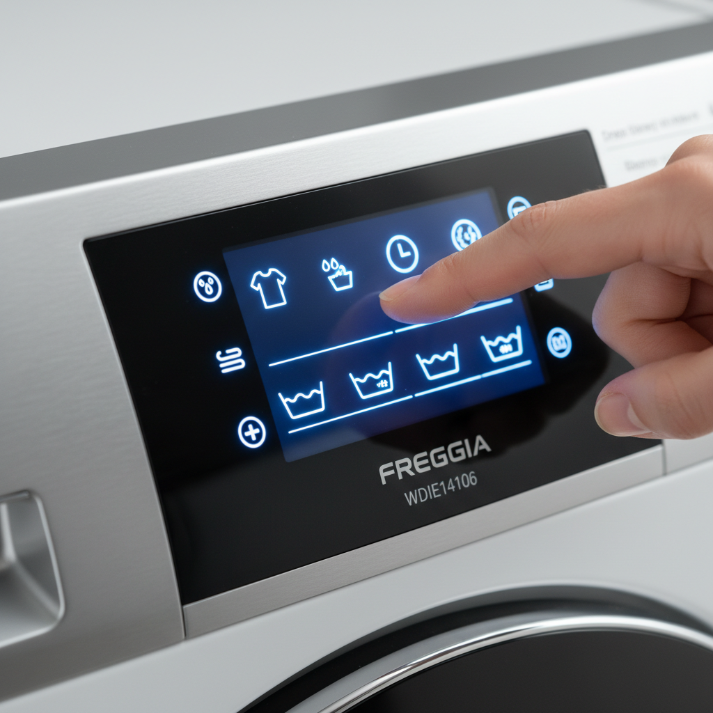 Zbliżenie na nowoczesny panel sterowania pralko-suszarki Freggia WDIE14106. Palec wskazujący delikatnie dotyka podświetlonego na niebiesko, dotykowego ekranu z wyraźnymi, minimalistycznymi ikonami programów. Ostrość jest skupiona na wyświetlaczu, co podkreśla jego nowoczesność, przejrzystość i łatwość obsługi. Styl high-tech.
