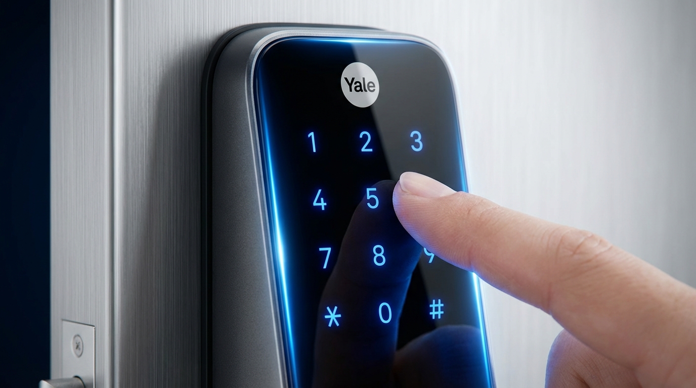 Makro ujęcie na panel dotykowy zamka Yale YDR3110. Palec delikatnie dotyka podświetlonej na niebiesko cyfry na gładkiej, czarnej powierzchni. Światło LED tworzy futurystyczny efekt, podkreślając nowoczesność i technologię urządzenia.