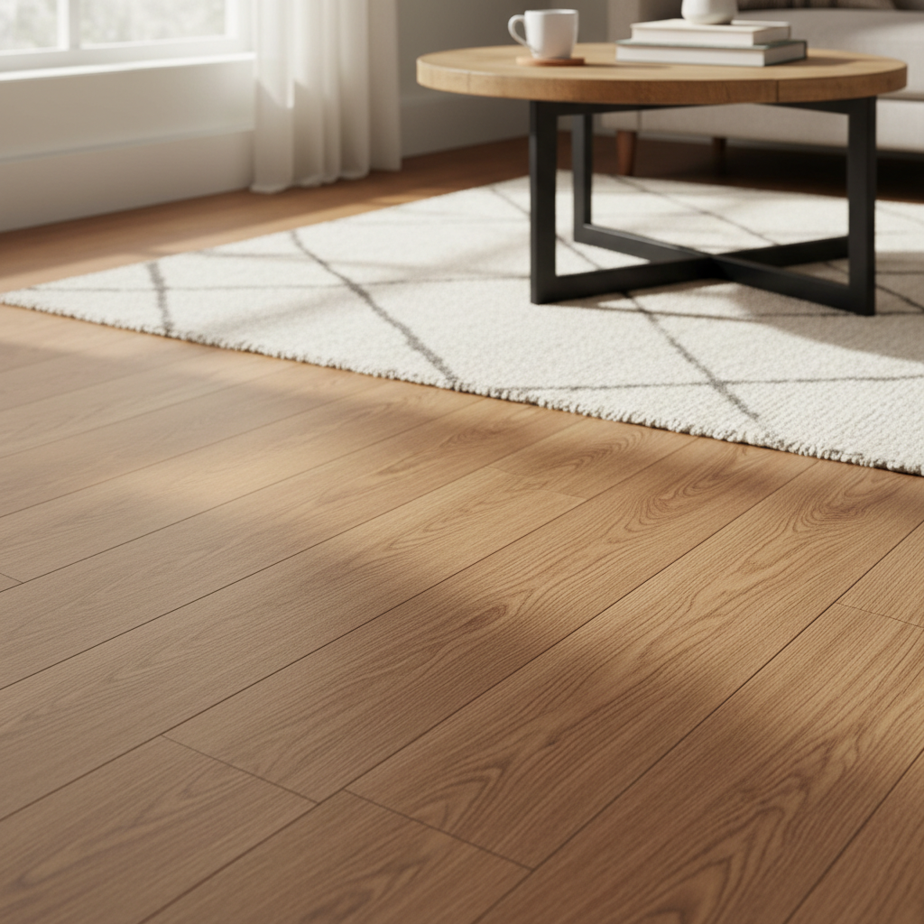 Zbliżenie na podłogę z paneli laminowanych w kolorze ciepłego dębu, ułożonych w jasnym, przytulnym salonie. Kadr skupia się na detalach: wyraźnie widocznej strukturze drewna oraz V-fudze, która podkreśla krawędzie każdej deski, nadając podłodze realistyczny i głęboki wygląd. Na podłodze stoi fragment wełnianego dywanu i nowoczesny stolik kawowy.
