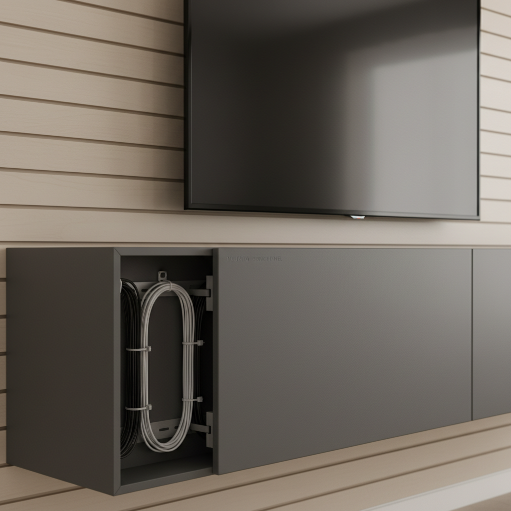 Zbliżenie na fragment nowoczesnej ściany medialnej z systemem Muunto. Widać elegancki, matowy front mebla, nad którym wisi telewizor. Jedna z sekcji panelu jest delikatnie uchylona, ukazując schludnie ułożone i spięte kable wewnątrz, co demonstruje funkcjonalność panelu serwisowego.