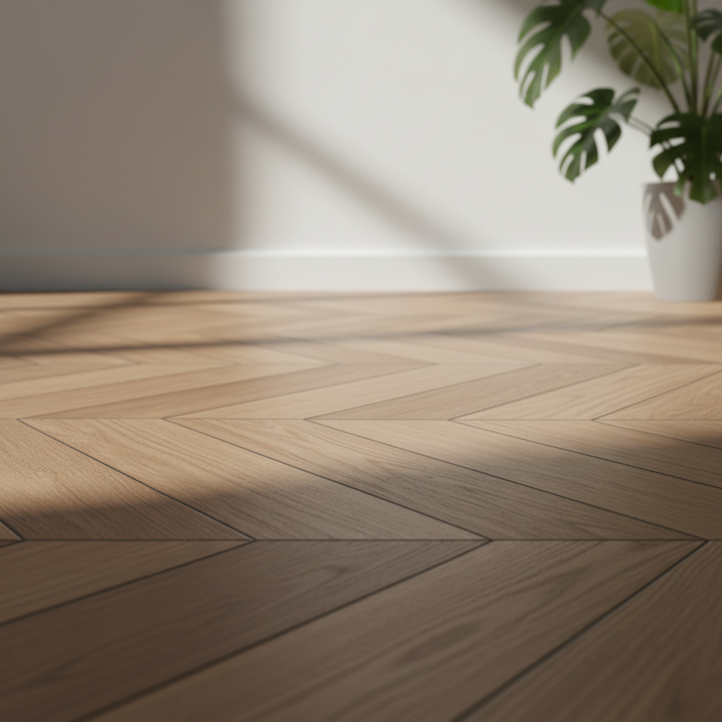 Zbliżenie na fragment podłogi z paneli laminowanych w kolorze naturalnego orzecha, ułożonych w jodełkę. Światło pada z boku, subtelnie podkreślając realistyczną strukturę drewna i delikatne fugi między panelami. W tle widać fragment białej ściany i zieloną roślinę doniczkową, co tworzy ciepłą i domową atmosferę.