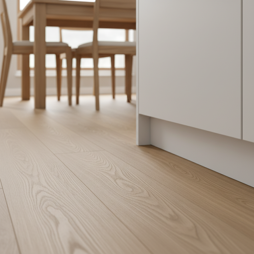 Zbliżenie na podłogę w nowoczesnej kuchni, gdzie wysokiej jakości panele podłogowe o wzorze jasnego dębu łączą się z białym cokołem minimalistycznej zabudowy kuchennej. Światło z okna delikatnie podkreśla strukturę i usłojenie paneli, nadając wnętrzu ciepły i przytulny charakter. W tle widać nogi drewnianego stołu, co tworzy spójną, harmonijną kompozycję.