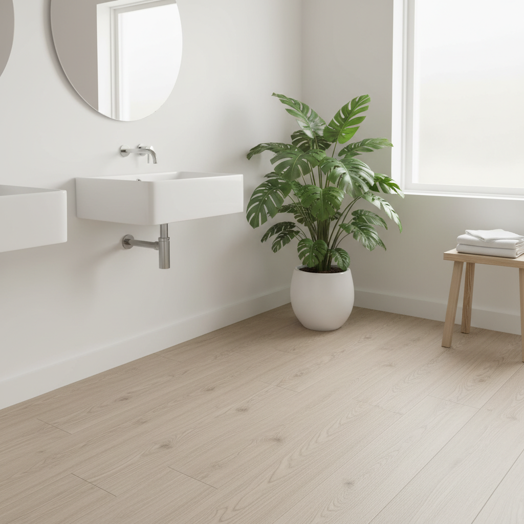 Jasna łazienka w stylu skandynawskim z podłogą wykończoną wodoodpornymi panelami laminowanymi imitującymi jasny dąb. Widoczny fragment białej ceramiki i zielona roślina w donicy, co podkreśla naturalny i ciepły charakter wnętrza.