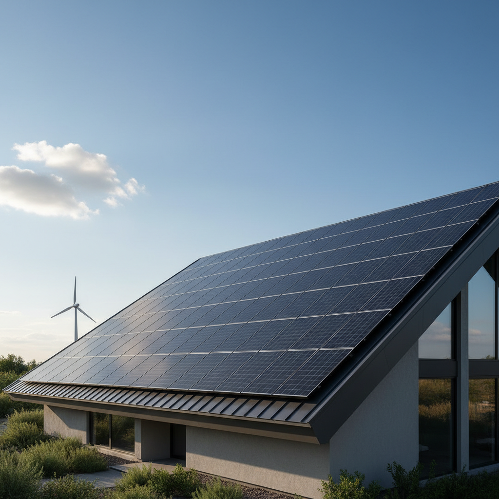 Nowoczesny dach domu jednorodzinnego pokryty ciemnymi panelami fotowoltaicznymi, skąpany w jasnym, popołudniowym słońcu. W tle widać błękitne niebo z kilkoma chmurami. Perspektywa podkreśla czystość i ekologiczny charakter technologii.