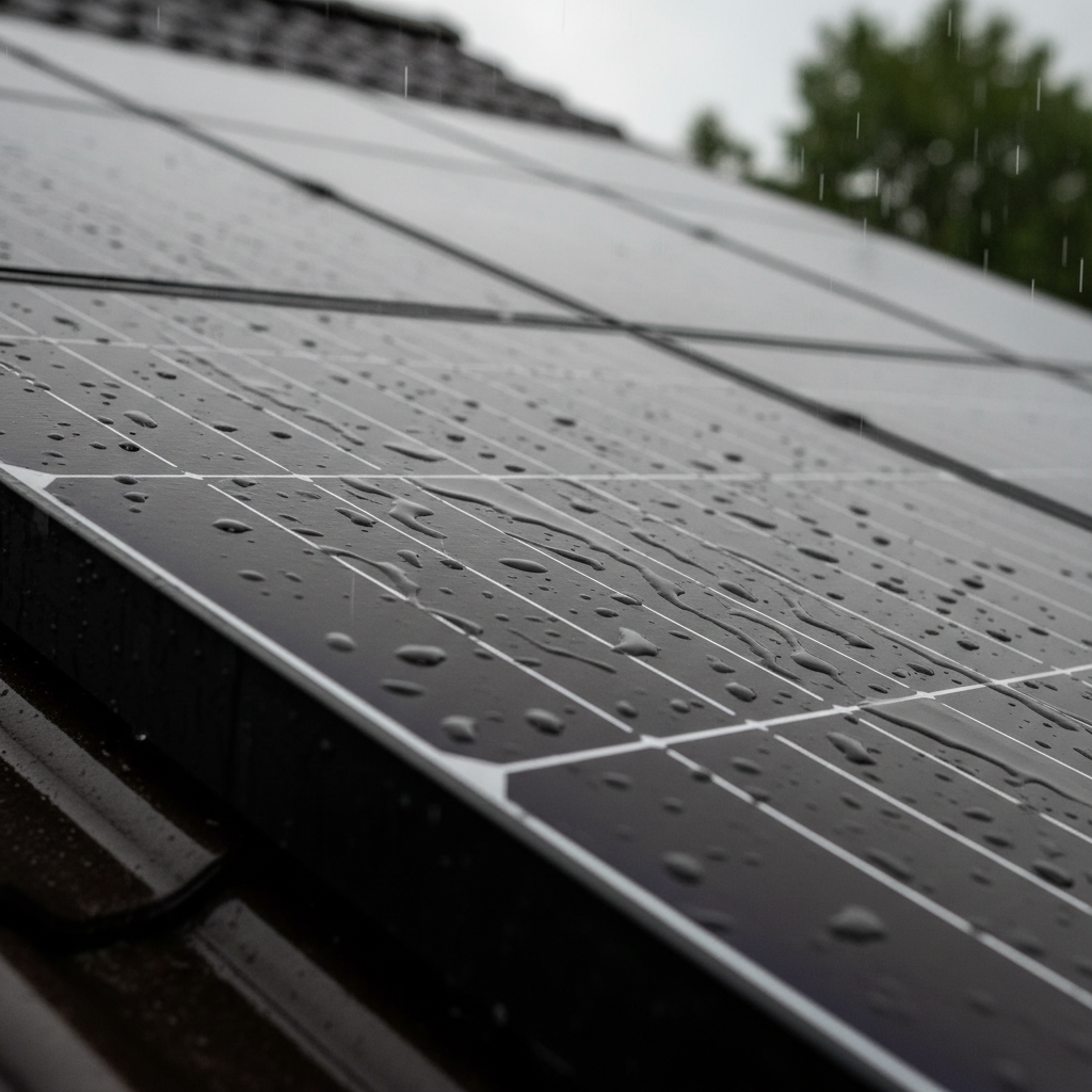 Zbliżenie na fragment instalacji fotowoltaicznej na dachu podczas lekkiego, letniego deszczu. Krople wody spływają po ciemnej, gładkiej powierzchni paneli, odbijając zachmurzone niebo. Widok jest estetyczny i podkreśla samoczyszczącą rolę opadów. Styl makro, nastrojowe oświetlenie.