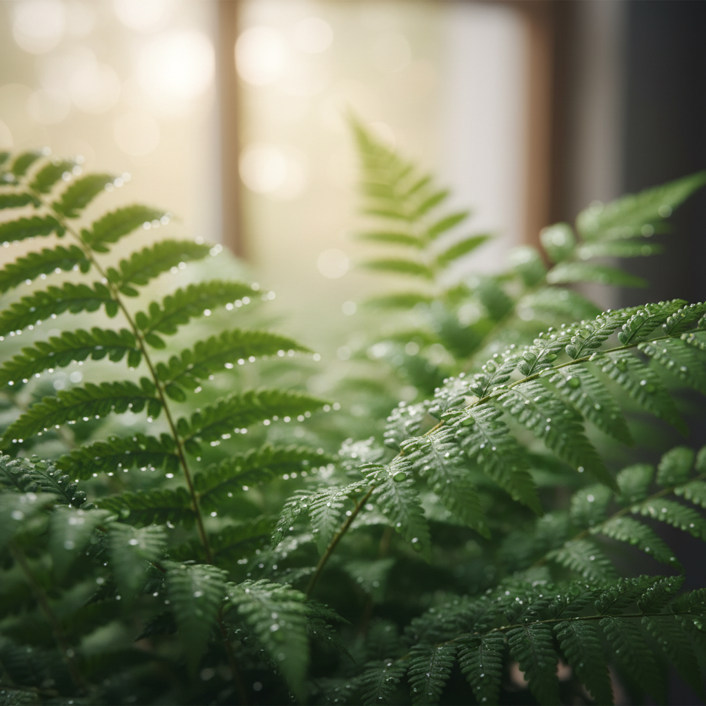 Makrofotografia soczyście zielonych liści paproci z widocznymi kropelkami czystej wody, w tle subtelne, rozmyte światło wpadające przez okno. Estetyka jasna, naturalna i odświeżająca.