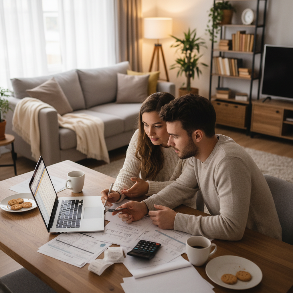 Młoda para siedząca przy stole z laptopem i dokumentami, wspólnie analizująca domowy budżet, w tle widać przytulne wnętrze ich mieszkania.