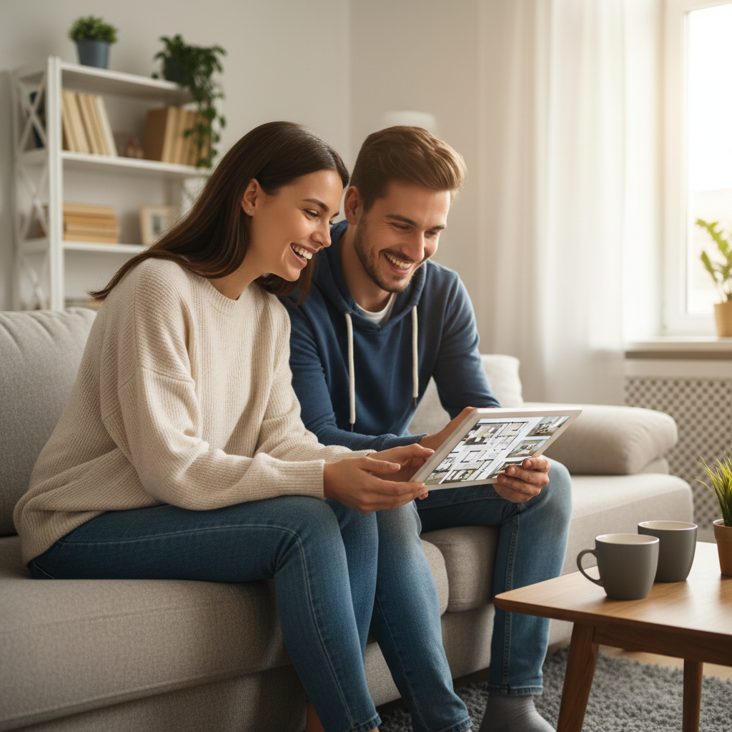 Młoda, uśmiechnięta para siedzi na wygodnej kanapie w swoim obecnym mieszkaniu, patrząc na tablet, na którym widać plany lub oferty mieszkań. Na stoliku kawowym stoją dwa kubki, atmosfera jest pełna optymizmu i ekscytacji.
