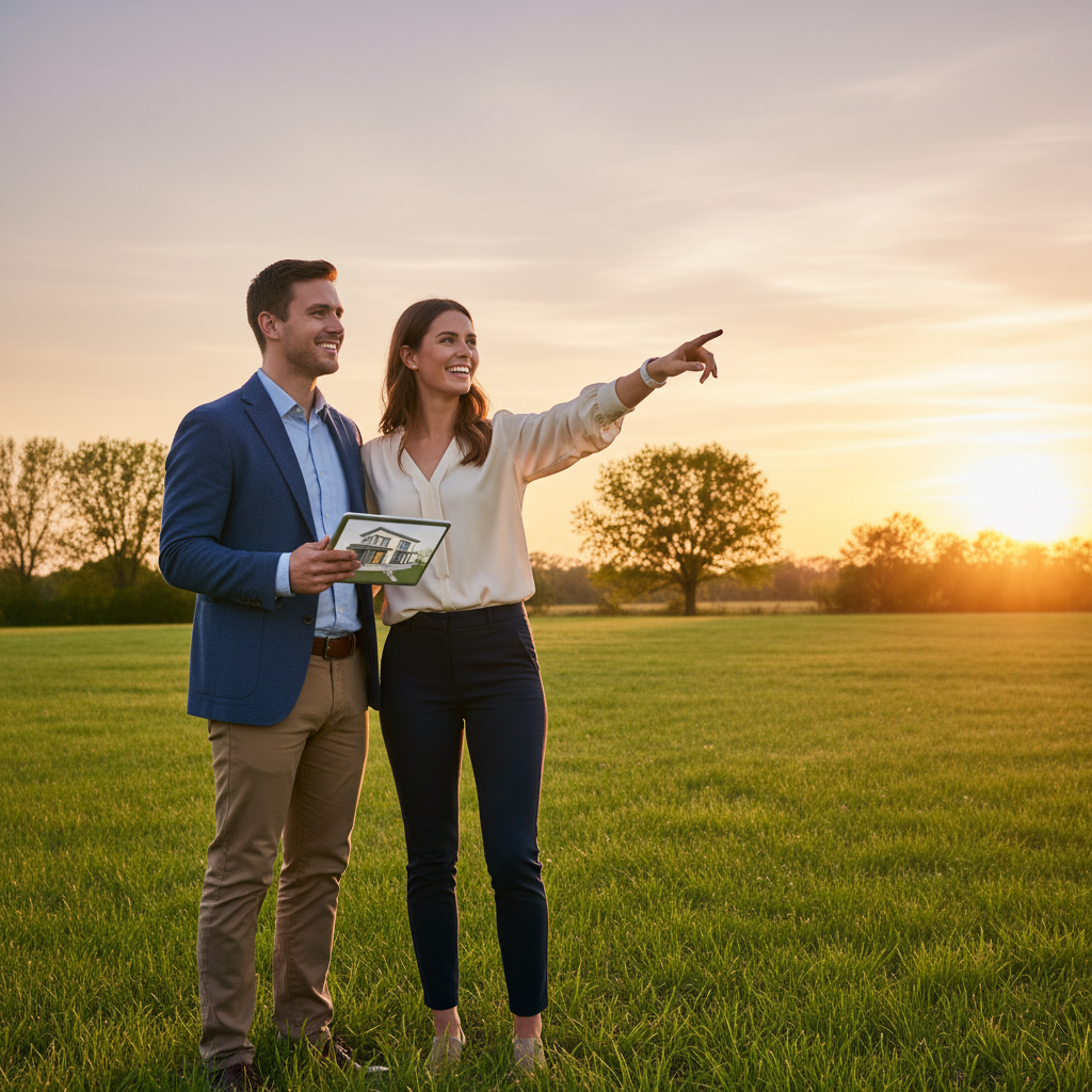 Młoda, szczęśliwa para stoi na pięknej, pustej działce z zieloną trawą i kilkoma drzewami w tle. Słońce zachodzi, rzucając ciepłe, optymistyczne światło. Mężczyzna trzyma w ręku tablet z planami architektonicznymi, a kobieta z uśmiechem wskazuje na horyzont. Oboje są ubrani w stylu smart-casual. Obraz przekazuje ekscytację, planowanie i marzenie o budowie nowego domu.