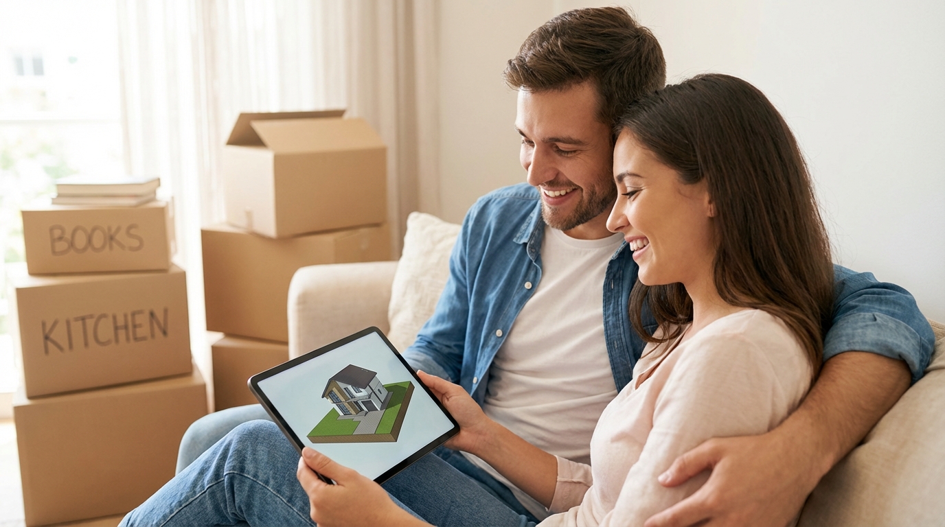 Młoda, uśmiechnięta para siedzi na wygodnej kanapie w jasnym salonie. Patrzą na tablet, na którego ekranie widać wizualizację nowoczesnego domu na działce. W tle widać kartonowe pudła, sugerujące przeprowadzkę lub nowy początek. Atmosfera jest pełna optymizmu i ekscytacji.