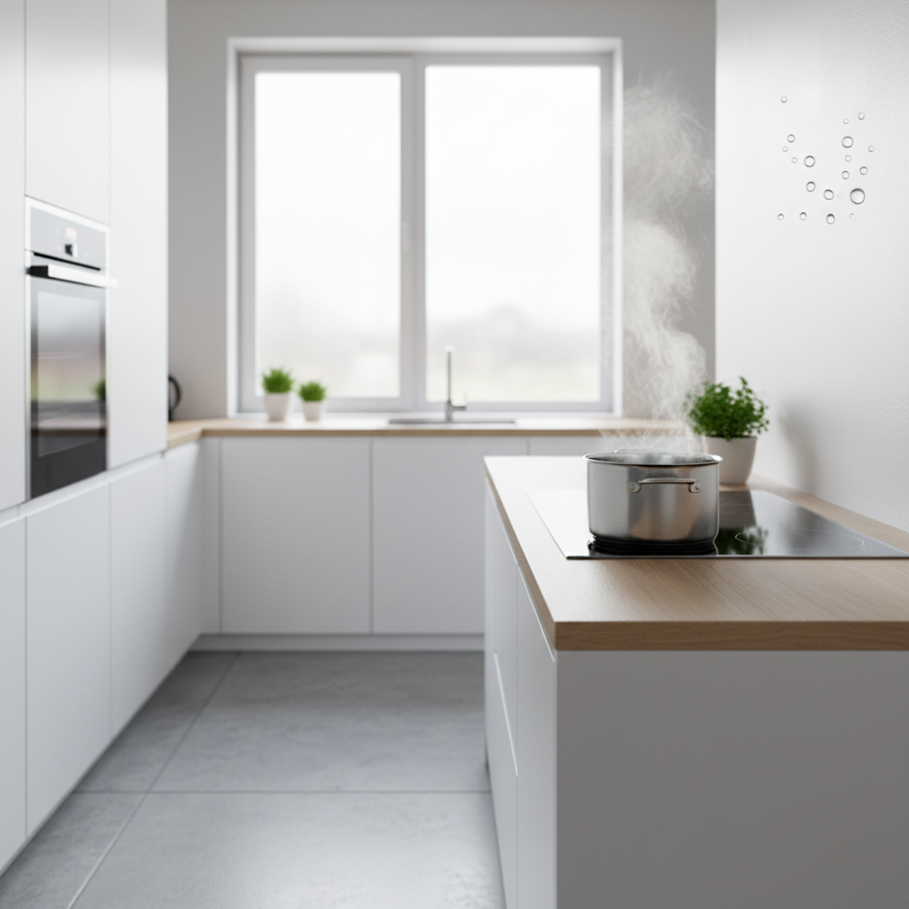 Nowoczesna, jasna kuchnia z parą unoszącą się z garnka na płycie indukcyjnej. W tle widać okno z subtelnymi kroplami wody w rogu szyby, co sugeruje problem kondensacji.