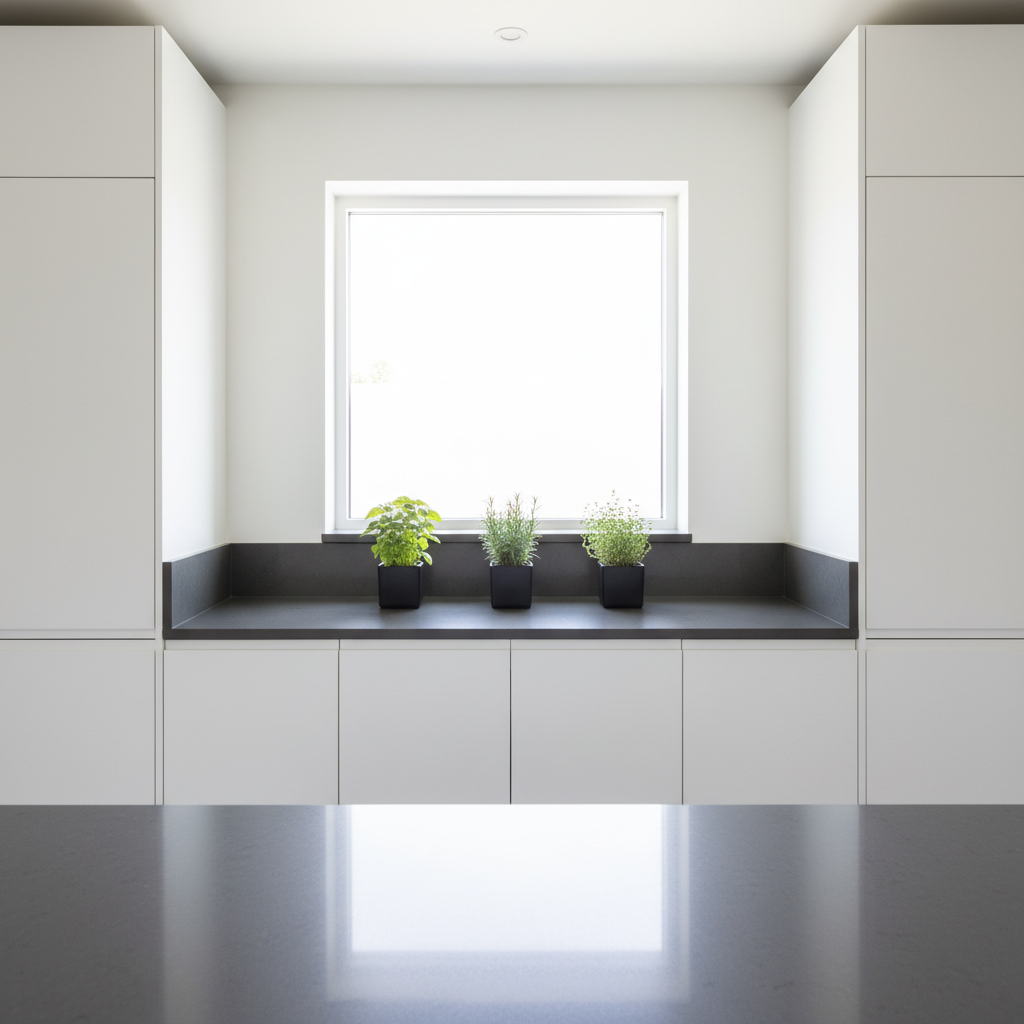 Nowoczesna kuchnia z białymi, bezuchwytowymi szafkami i ciemnoszarym blatem. Pod oknem znajduje się parapet z konglomeratu kwarcowego w tym samym kolorze co blat, tworząc spójną całość. Na parapecie stoją świeże zioła w minimalistycznych, czarnych doniczkach. Zdjęcie wykonane z perspektywy blatu, pokazując funkcjonalność i estetykę parapetu w przestrzeni kuchennej.