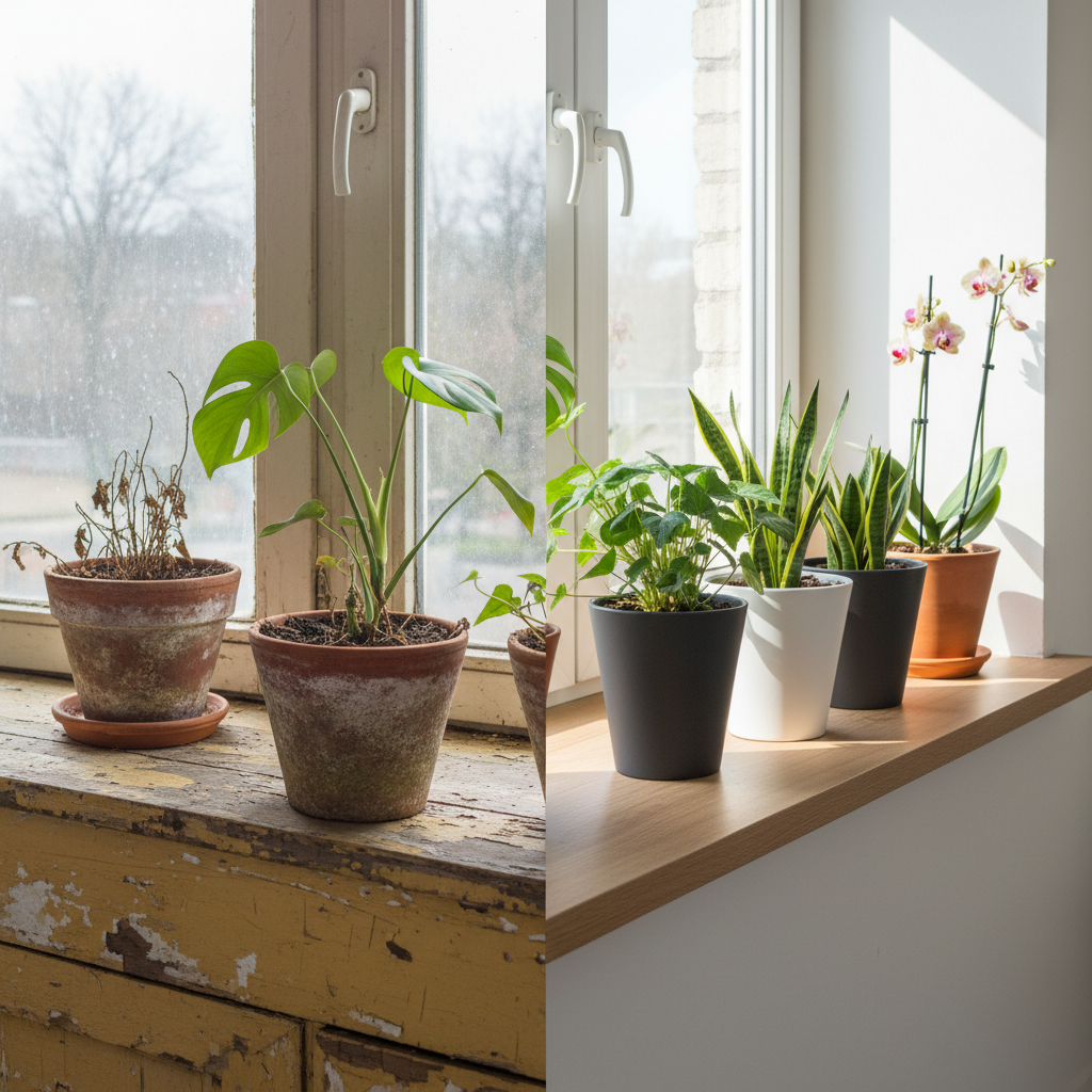 Zdjęcie podzielone na pół w pionie. Lewa strona ukazuje stary, porysowany i pożółkły parapet, na którym stoją stare, nieatrakcyjne doniczki. Prawa strona to ten sam parapet po renowacji, z idealnie dopasowaną, nowoczesną nakładką w kolorze matowego dębu. Na odnowionym parapecie stoją nowe, stylowe doniczki z zielonymi roślinami. Całość jest sfotografowana w jasnym, naturalnym świetle wpadającym przez czyste okno, co podkreśla spektakularną metamorfozę.