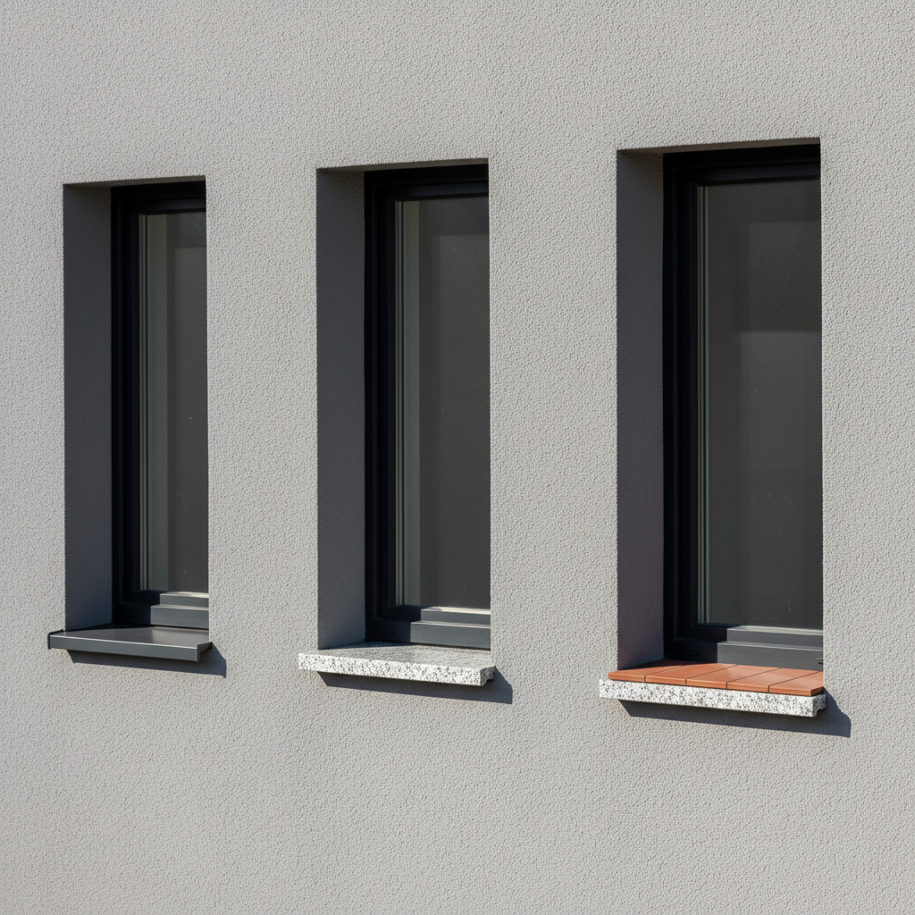 Zbliżenie na fragment nowoczesnej elewacji domu, gdzie widoczne są trzy okna obok siebie. Każde z nich ma parapet wykonany z innego materiału: pierwszy z antracytowego aluminium, drugi z jasnoszarego granitu, a trzeci z klasycznej, czerwonej płytki klinkierowej. Kompozycja ukazuje różnorodność estetyczną materiałów.