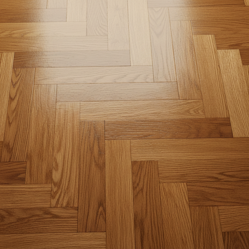 Zbliżenie na idealnie wykończony, lakierowany parkiet dębowy ułożony w jodełkę. Światło delikatnie odbija się od gładkiej powierzchni, uwydatniając głęboką, naturalną strukturę i ciepły kolor drewna.