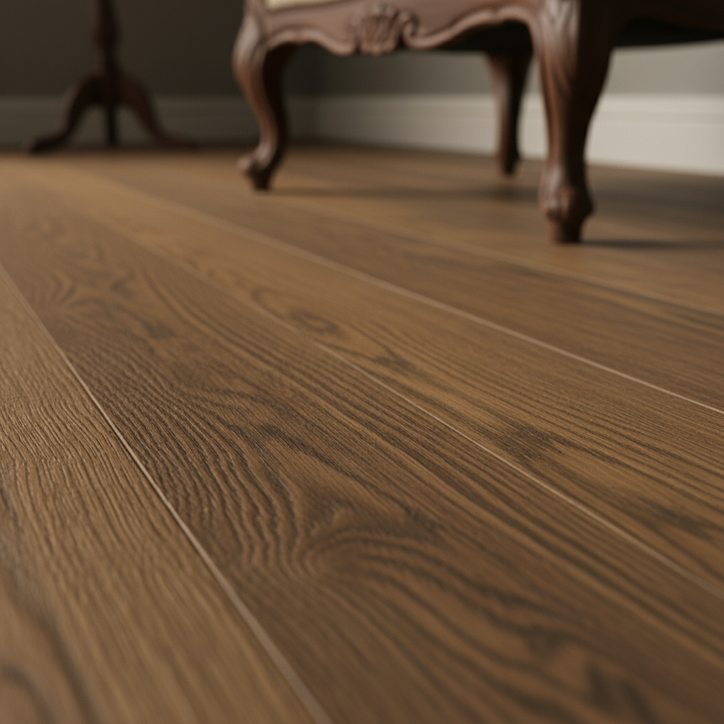 Zbliżenie na fragment podłogi z naturalnego drewna dębowego, sfotografowany pod kątem, aby uchwycić bogactwo faktury i głębię usłojenia. Światło delikatnie muska powierzchnię, podkreślając matowe lub satynowe wykończenie olejem oraz subtelne efekty szczotkowania. Kolorystyka jest ciepła i naturalna, a w tle widać rozmyty element wnętrza, np. nogę od fotela.