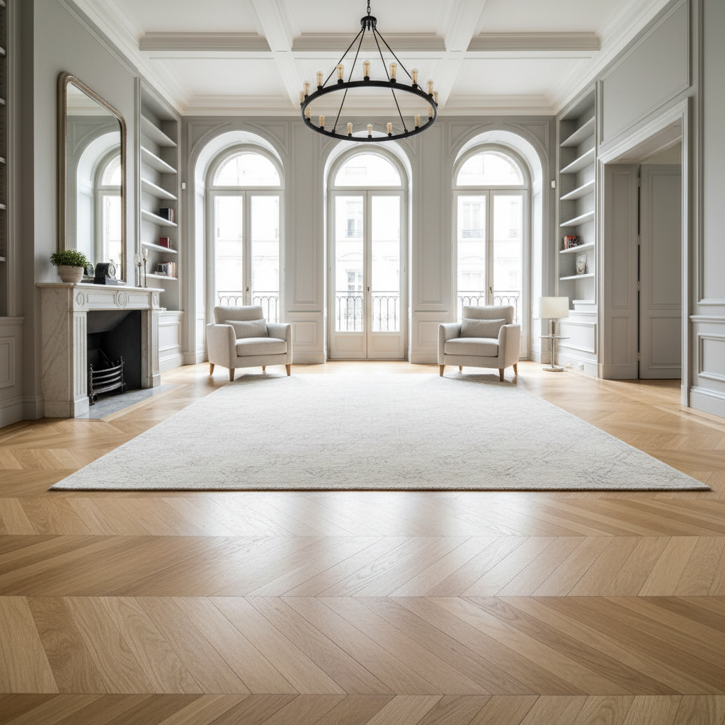 Elegancki salon z klasyczną jodełką francuską wykonaną z jasnego dębu. Wnętrze jest jasne, z wysokimi oknami, a na podłodze leży miękki, jasny dywan. Perspektywa zdjęcia podkreśla symetrię i precyzję wzoru.