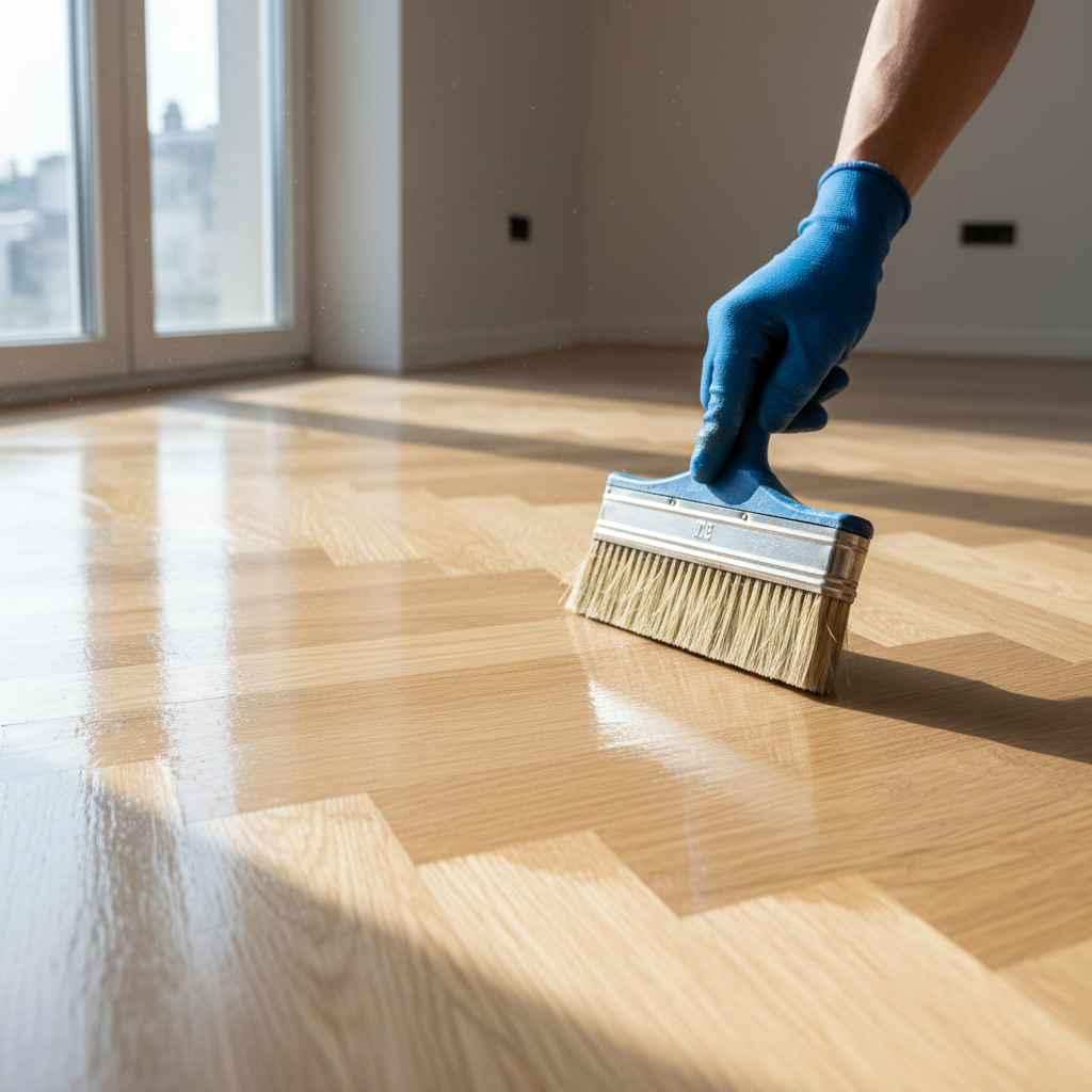 Ręka w rękawicy roboczej, trzymająca szeroki pędzel, nakłada lśniącą warstwę lakieru na piękną, drewnianą podłogę w jodełkę. Światło z okna odbija się w świeżej powłoce, podkreślając słoje drewna.