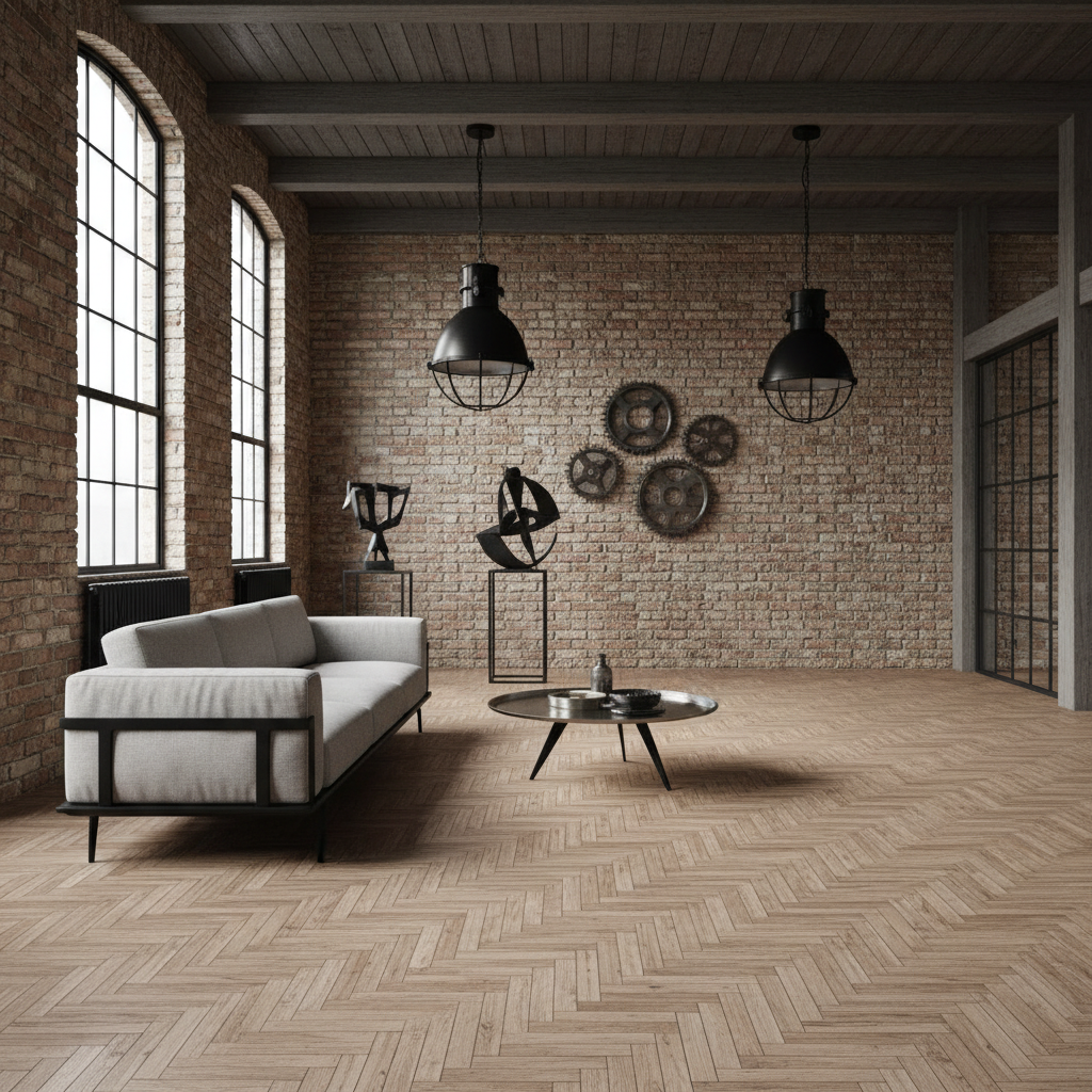 Jasny salon w stylu industrialnym z wysokim sufitem i ścianą z surowej cegły. Na podłodze leży parkiet przemysłowy z charakterystycznym, drobnym wzorem ułożonym z wąskich klepek. Wnętrze jest przestronne, z prostą, nowoczesną kanapą i metalowymi elementami dekoracyjnymi.