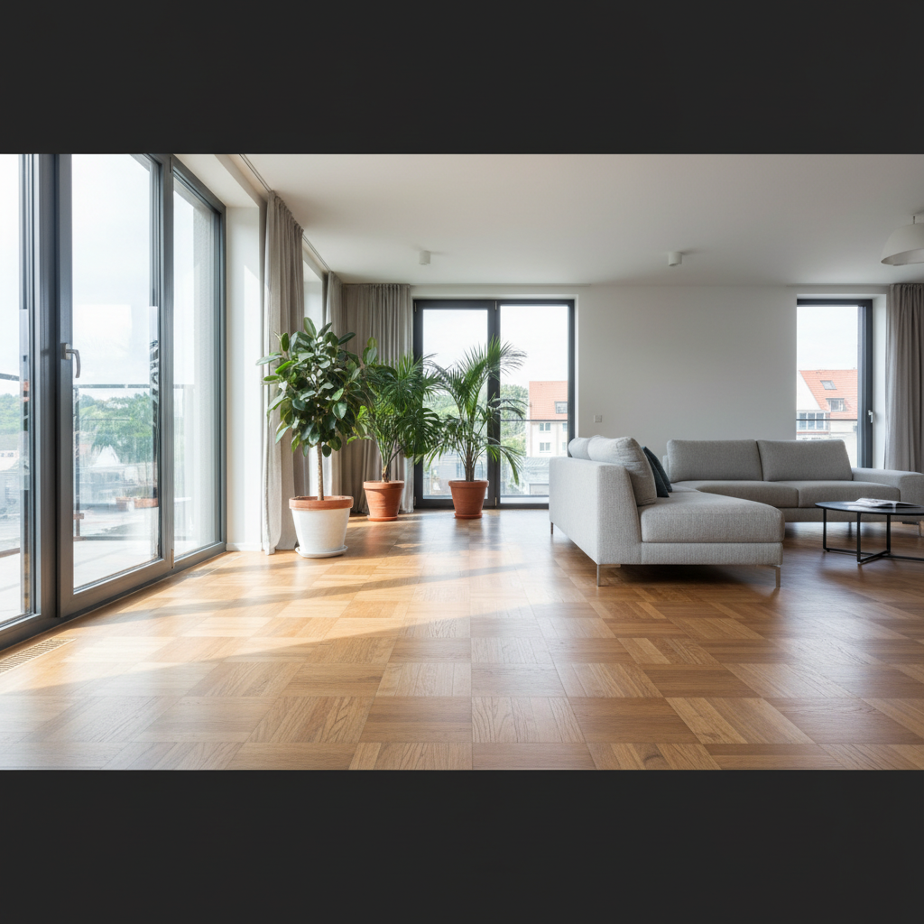 Szerokie ujęcie nowoczesnego, jasnego salonu z dużymi oknami, w którym centralnym punktem jest piękna podłoga z parkietu przemysłowego wykonanego z dębu. Światło dzienne subtelnie podkreśla unikalny, mozaikowy wzór i ciepłą barwę drewna. W tle widać minimalistyczną kanapę i kilka roślin doniczkowych, co tworzy przytulną, ale i elegancką atmosferę.