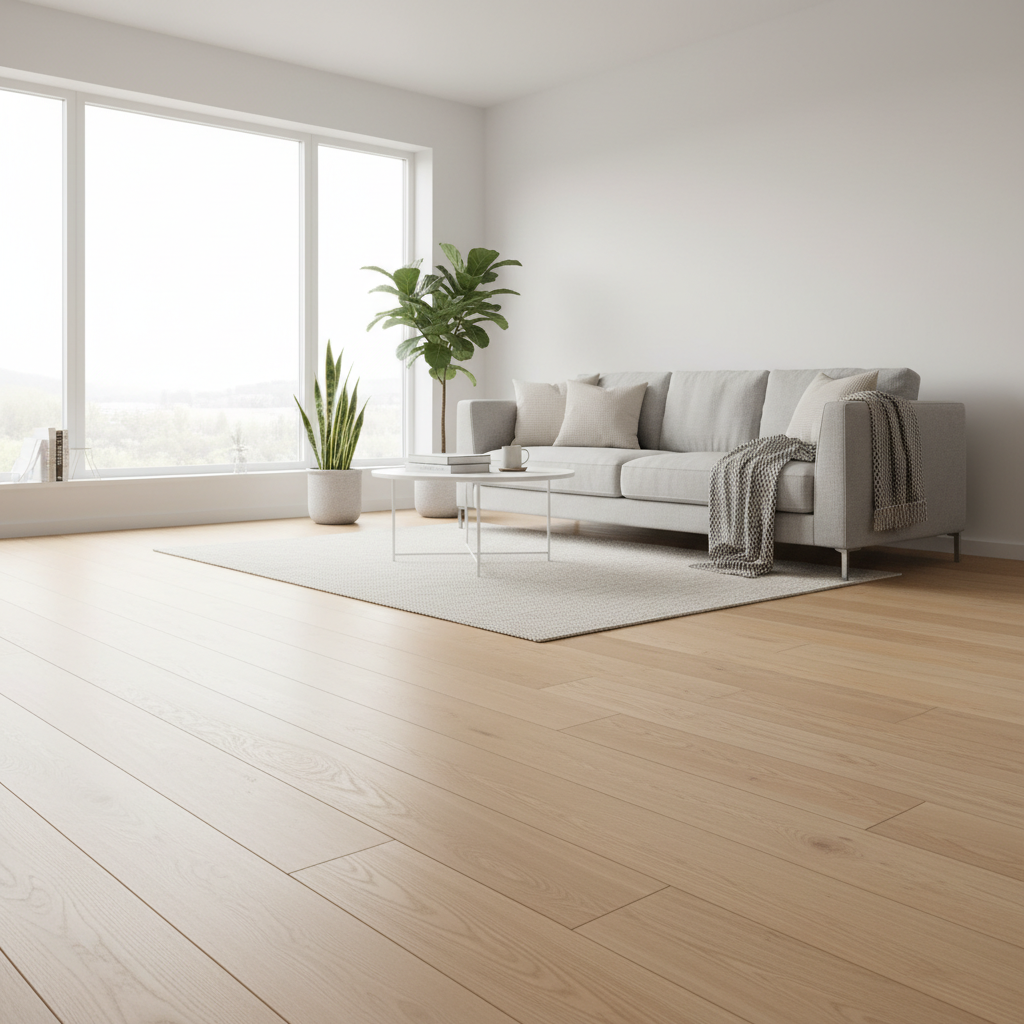 Jasny, przestronny salon w nowoczesnym stylu skandynawskim. Na podłodze leży piękny, dębowy parkiet wielowarstwowy, idealnie ułożony bez widocznych szczelin. Przez duże okno wpada miękkie, poranne światło, które podkreśla naturalną fakturę drewna. W tle widać minimalistyczną sofę i kilka roślin doniczkowych. Ciepła, przytulna atmosfera.