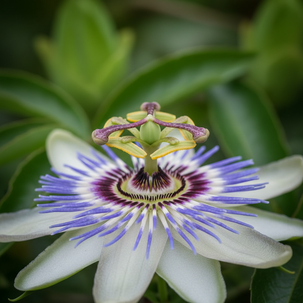 Makrofotografia, niezwykle szczegółowe zbliżenie na kwiat męczennicy błękitnej (Passiflora caerulea). Centralnym punktem jest misterna struktura pręcików i słupka, przypominająca koronę. Płatki w odcieniach bieli i fioletu tworzą delikatne tło. Całość jest oświetlona miękkim, rozproszonym światłem, które podkreśla egzotyczną i niemal surrealistyczną urodę kwiatu. Tło jest lekko rozmyte, w odcieniach zieleni liści.