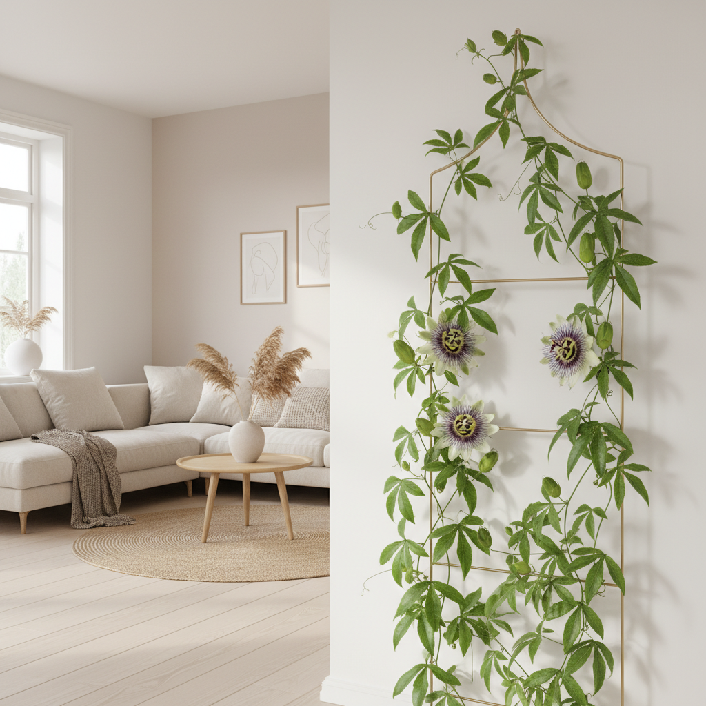 Jasne, przestronne wnętrze salonu w stylu skandynawskim lub boho. Na pierwszym planie widoczna jest męczennica pnąca się po subtelnej, złotej, metalowej kratce przymocowanej do ściany. Pędy rośliny są bujne i zielone, z kilkoma widocznymi, egzotycznymi kwiatami. Wnętrze jest minimalistyczne, z drewnianymi akcentami i naturalnymi tkaninami, co sprawia, że roślina jest głównym, żywym elementem dekoracyjnym.