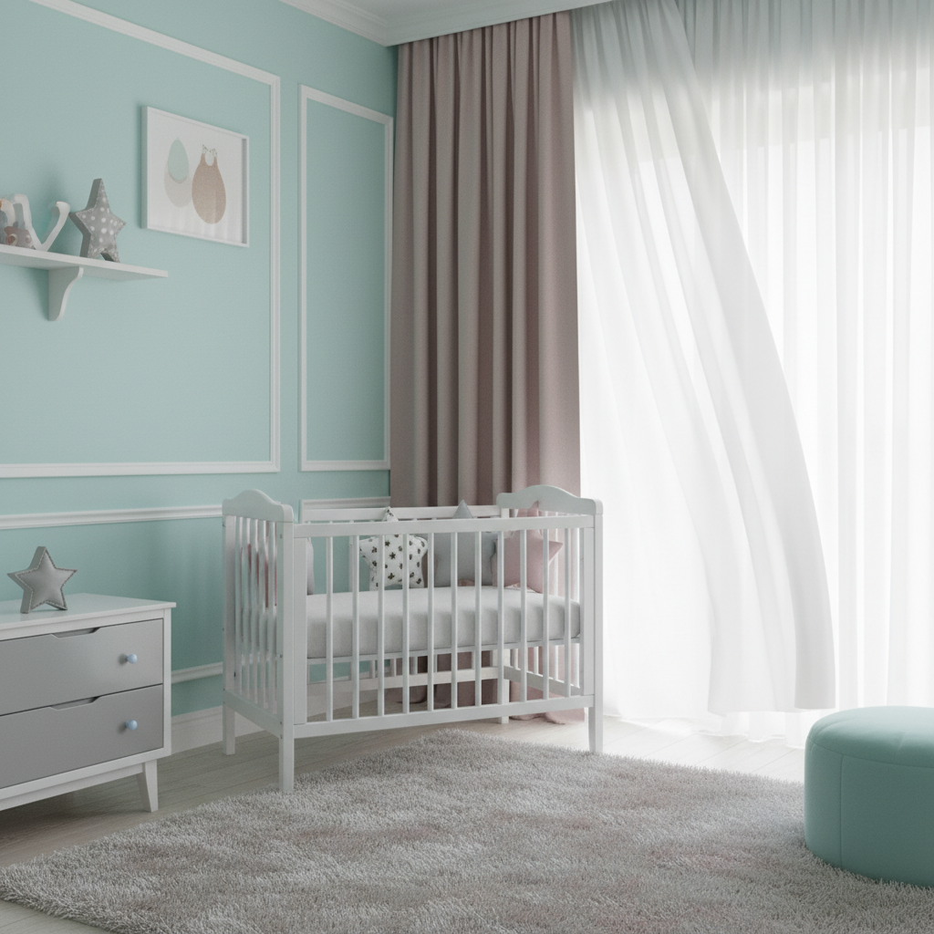 Szerokie ujęcie pięknie zaaranżowanego, jasnego pokoju dziecięcego w pastelowych kolorach turkusu, szarości i pudrowego różu. W centrum kadru widać stylowe, białe łóżeczko z dekoracyjnymi poduszkami w gwiazdki. W tle miękkie, lejące się zasłony, a na podłodze puszysty dywan.